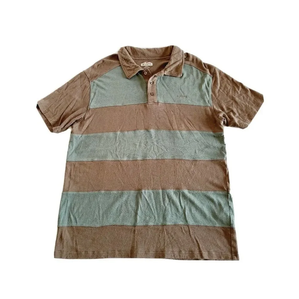 KAVU Men's Bamboo Polo Shirt Striped Short Sleeve Sz Medium Brown/Green